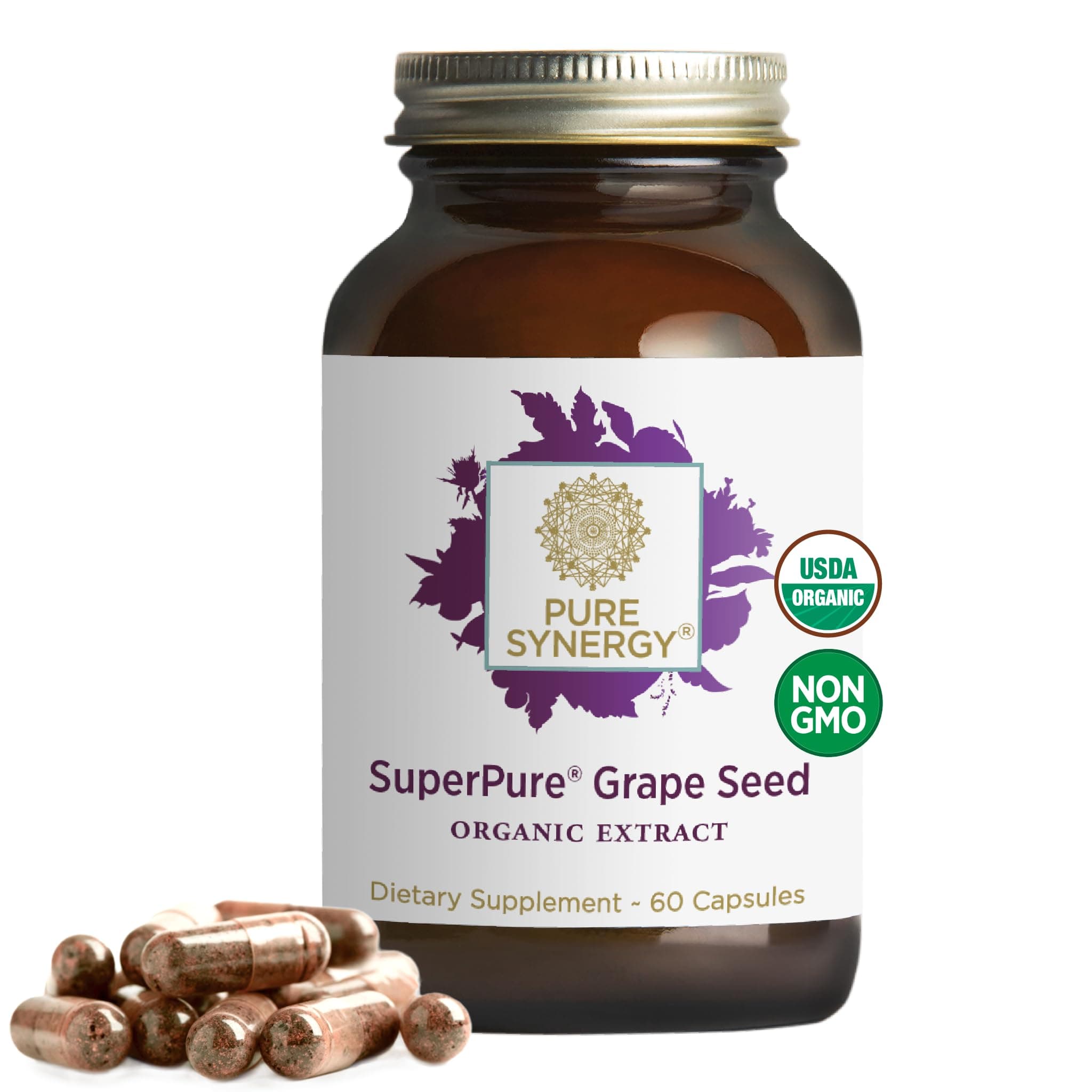 SuperPure Grape Seed Extract | Organic Grape Seed Polyphenols Supplement with Whole Fruit | for Heart Health, Skin, and Healthy Aging Support (60 Capsules)
