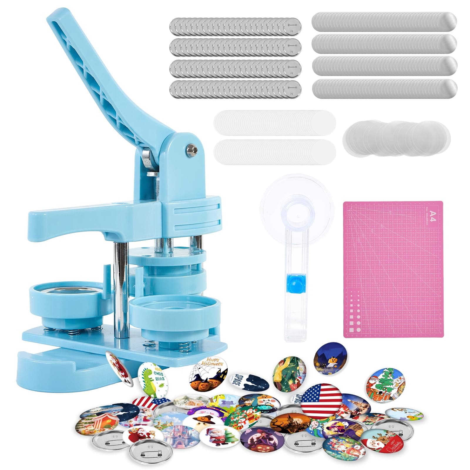 Button Maker Machine 2.25in 58mm - Button Pin Maker Machine Kit for DIY Gifts, Press Machine with 100 Sets of Badge Supplies(Blue)