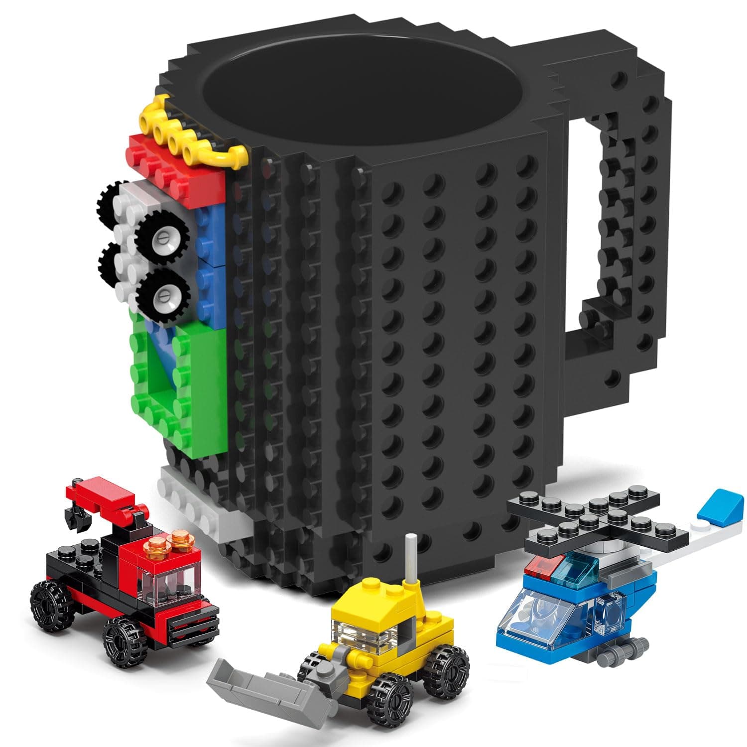 DAYMOO Build-on Brick Mug Set with 3 Random Packs of 2-in-1 Bricks, Funny Cool Coffee Mugs for Kids Men Him Dad Boys and Girls, Novelty Gifts for Christmas Xmas Easters Birthdays - Black