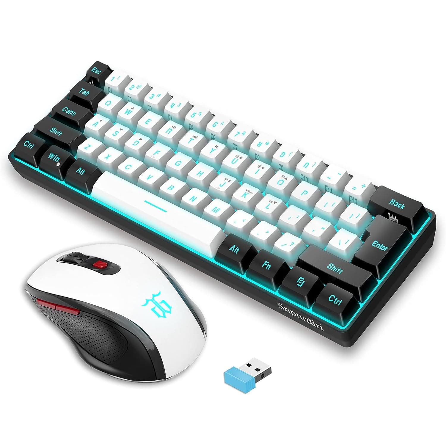 2.4G Wireless Gaming Keyboard and Mouse Combo, Include Mini 60% Merchanical Feel RGB Backlit Keyboard, Ergonomic Vertical Feel Small Wireless Mouse(Black and White)