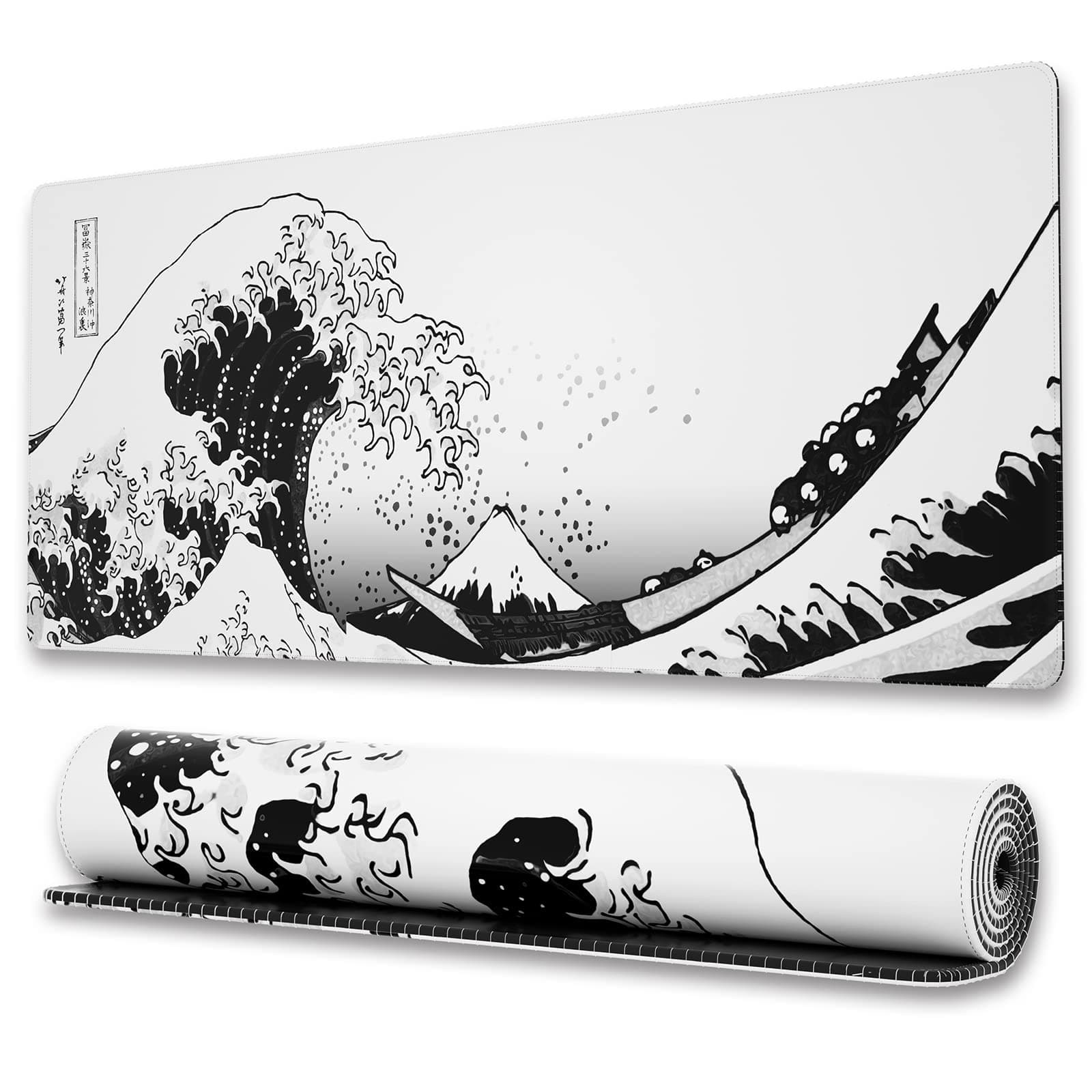 Ovenbird Extended Gaming Computer Mouse Pad, Large White Mouse Pad for Desk, Cute Anime Japanese Great Wave Desk Pad for Keyboard and Mouse, White, 31.5 x 11.8 x 0.12 inches
