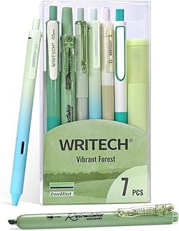 Gel Pens Journaling Highlighters: Journal Set Aesthetic Assorted Pastel Color Ink 0.5mm Fine Point Retractable 0.7mm Black Pen Smooth Writing Drawing No Bleed 7ct (Green)