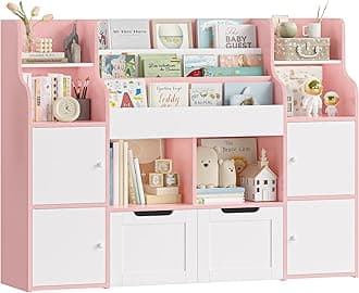 FINETONES Toy Storage Organizer, Large Toy Organizers and Storage with 8 Storage Cubbies and 2 Movable Drawers, Toy Shelf Organizer with 4 Display Shelves, 3-Tier Kids Bookshelf and Toy Storage