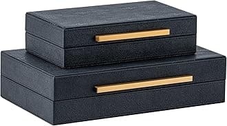 Set of 2 Black Shagreen Storage Boxes with Gold Metal Handles – Faux Leather Jewelry Organizer, Nesting Decorative Box for Photos, Memory Keepsake, Home & Office Decor