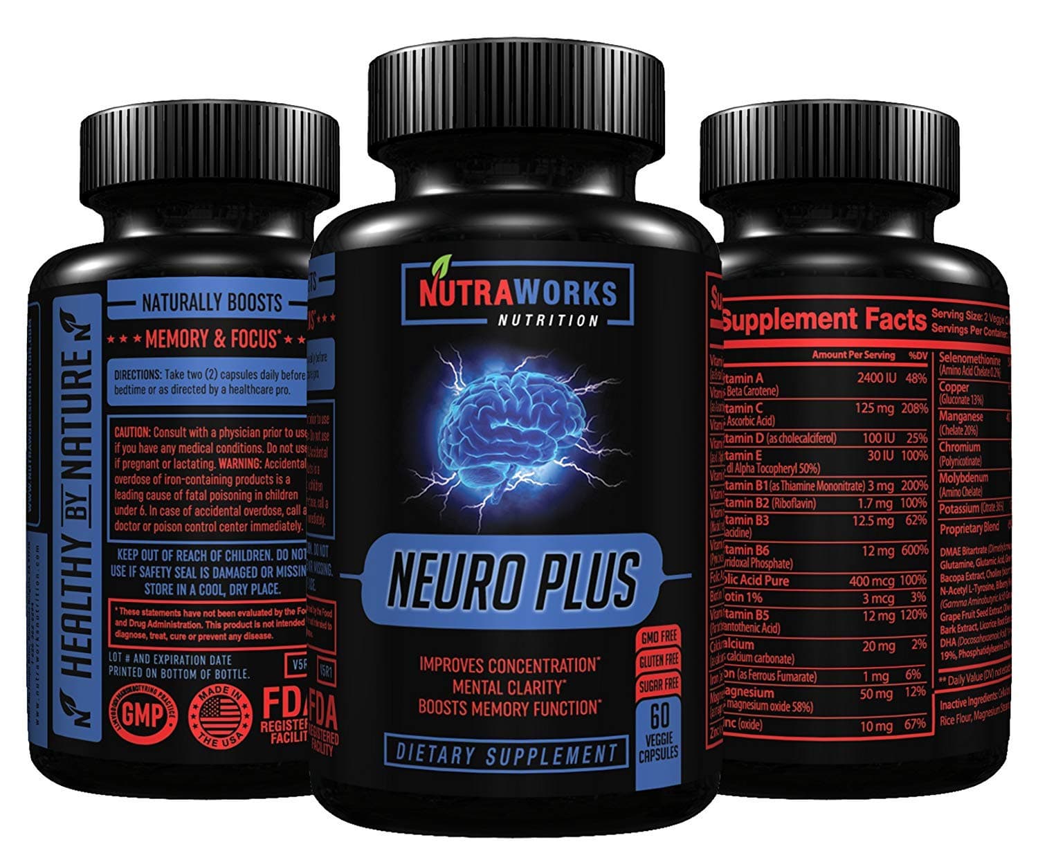 Neuro Plus Brain Support Supplement - Memory, Focus & Clarity Formula - Nootropic Scientifically Formulated for Optimal Performance - DMAE, L-Glutamine, Green Tea Extract, Bacopa, Choline & More
