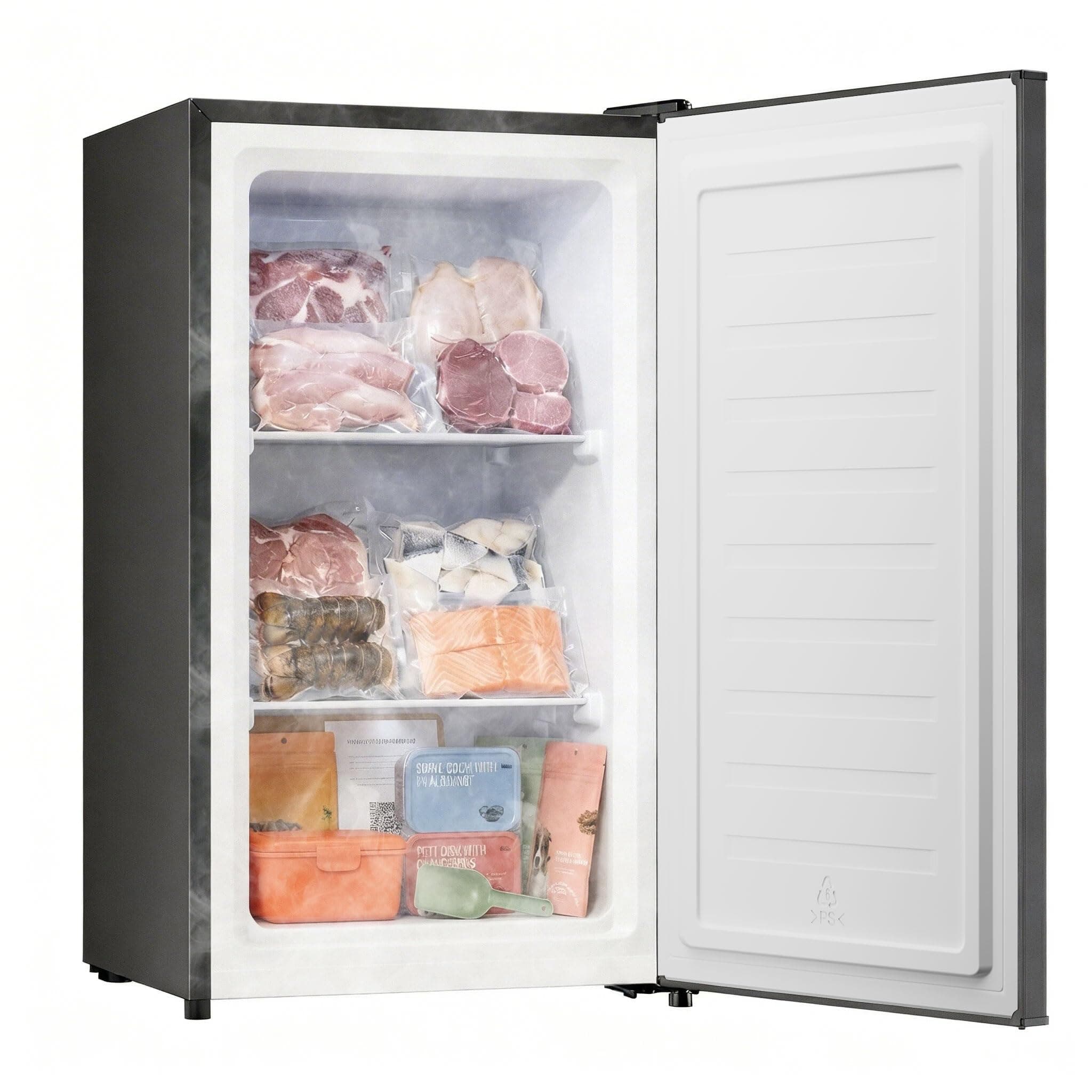 2.1 Cu.ft Upright Freezer, Compact Mini Freezer with Reversible Black Door, Adjustable Thermostat, Removable Shelves, Small Freezer for Dorm/Office/Apartment, Black