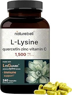 NatureBell L-Lysine 1000mg + Quercetin 250mg Supplement, 240 Capsules, Free Form, 4-in-1 Lysine Complex, Quercetin with Vitamin C and Zinc | Immune Support | Promote Lips & Skin Health
