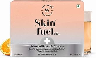 Wellbeing Nutrition Skin Fuel Pro+ | Glutathione, Vit C & E, CoQ10, Vollagen & PhytoCellTech | Reduced Pigmentation & Dark Spots, Brightens Skin Tone, Anti-aging | Valencia Orange Flavour, 28 Servings