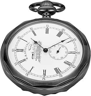 Uncovered Men's Mechanical Pocket Watch with Chain, Uncovered Roman Design Dial Chain Mechanical Pocket Watches for Men