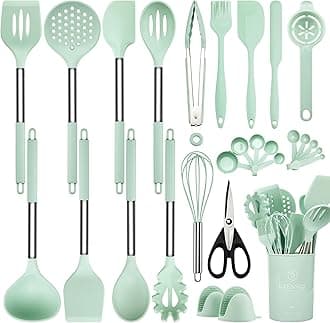 Kitchen Utensils Set, 28 Pcs Silicone Cooking Utensils Set with Holder, Spatula Set, Silicone Whisk, Measuring Cups and Spoons Set with Stainless Steel Handle Kitchen Gadgets (Light Green)