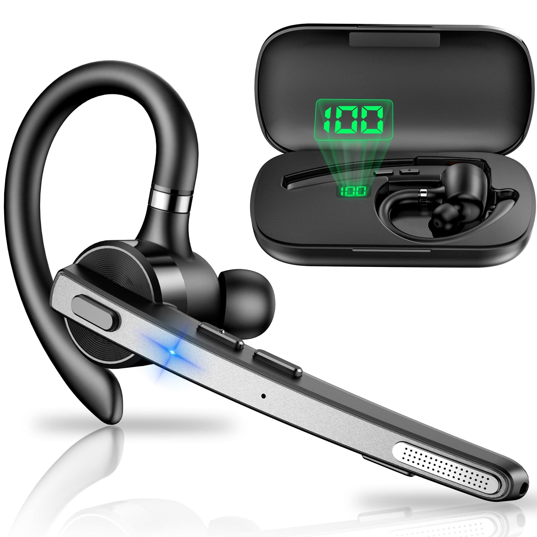 New Bee Bluetooth Headset, 72H Talktime Wireless Bluetooth Earpiece for Cellphone with 500mah Charging Case V5.1 Dual Mic Noise Cancelling Hands-Free Earphones for Office Driver