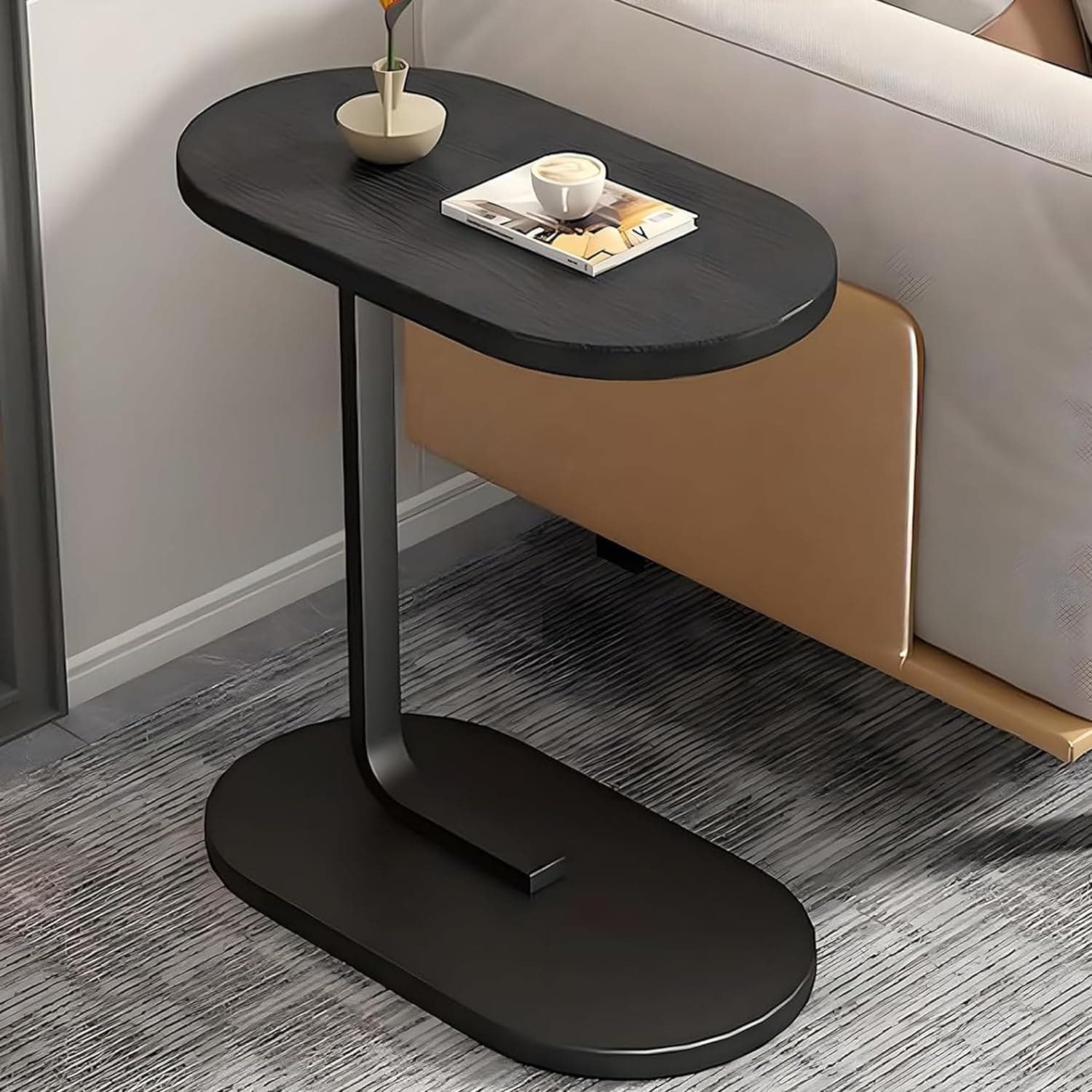 Home Side Tables for Small Spaces，Sofa Side Table, C Shaped End table Coffee Table,Anti-Rust Waterproof, Living Room Bedroom Balcony Office Wood Couch Tables that Slide Under (Black)