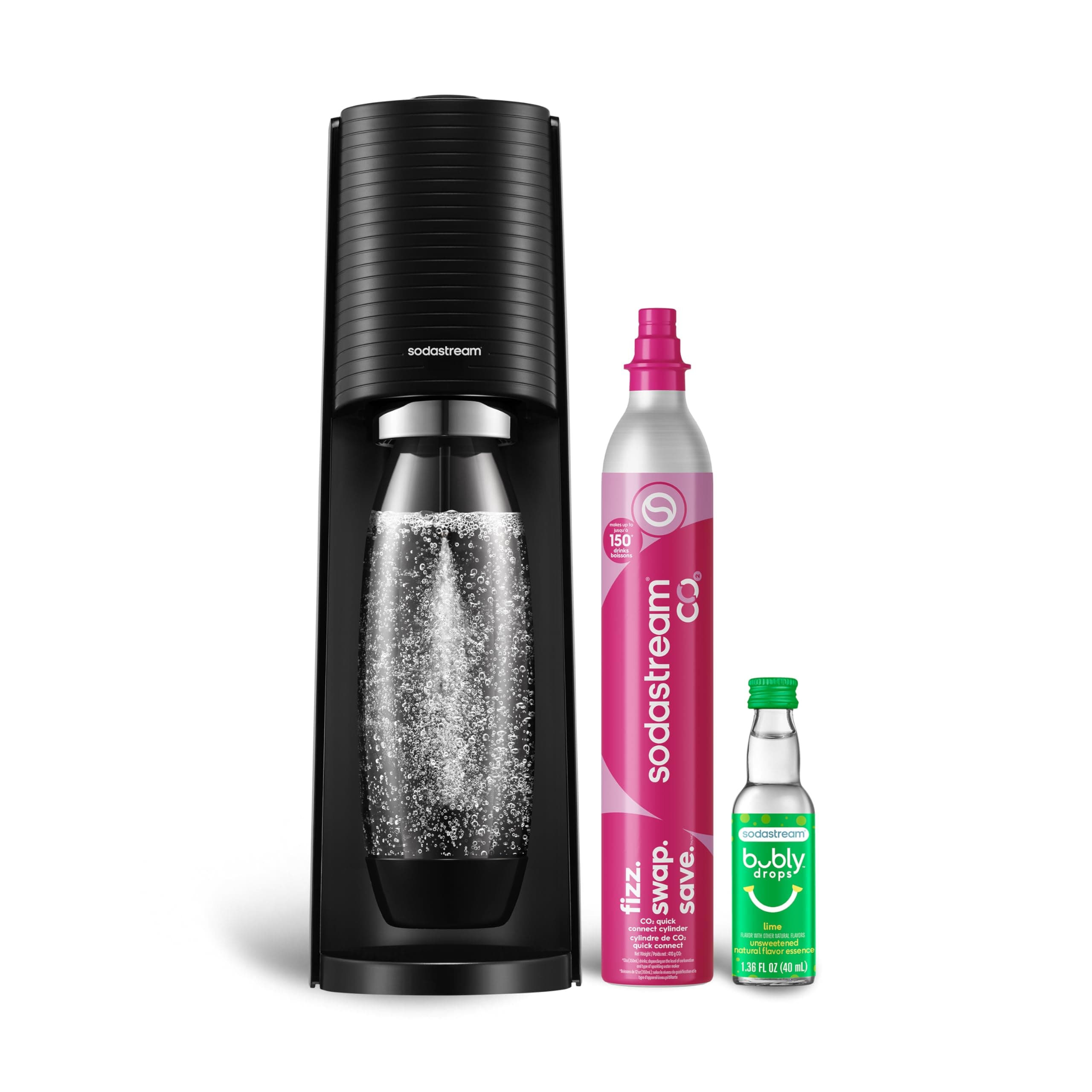 Terra Sparkling Water Maker | STARTER KIT | CQC CO2 system | Includes 1x CO2 Cylinder, 1x 32 Fl Oz Dishwasher Safe Bottle, 1x Bubly Flavor Drop | Combine with Pepsi Flavors | Black
