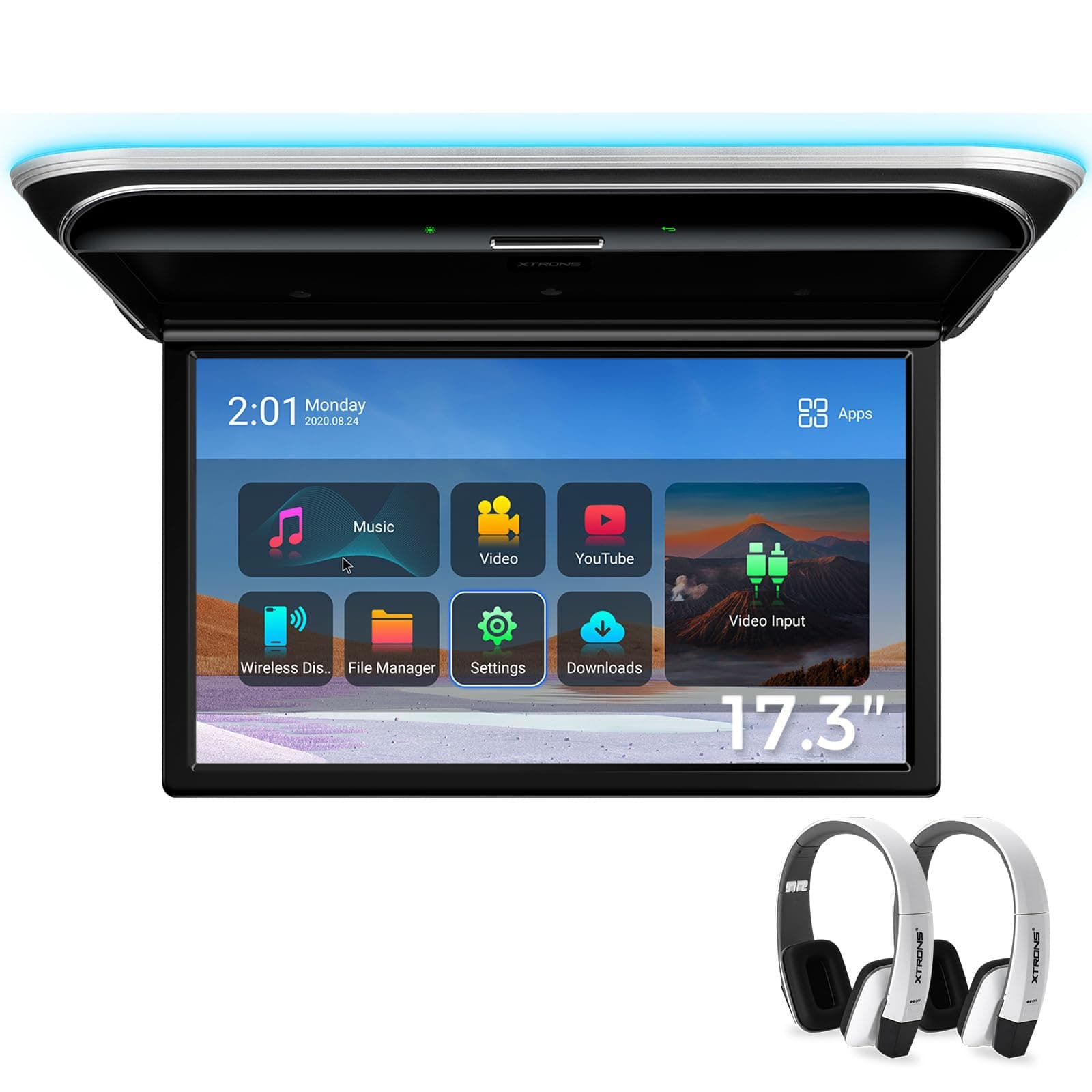 Android Car Overhead Player 17.3 Inch Wide IPS Screen 8K Video Car Roof Mount Monitor Built-in Stereo Speakers Flip Down Overhead Car Monitor Support HDMI, USB, 2 White IR Headphones Included