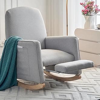 Modern Rocking Chair Nursery, Comfy Glider Nursery Chair with Foot Rest, Upholstered Rocker with Pocket, Accent Reading Armchair with Solid Wood Base for Living Room, Bedroom, Lounge Room (Light Gray)