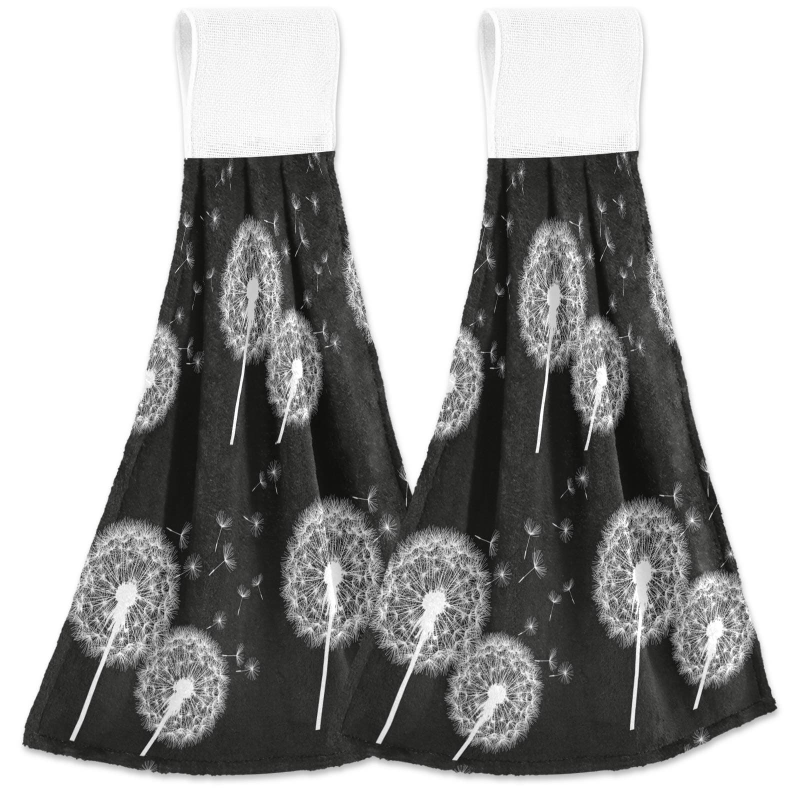 visesunny Dandelion Black Pattern Hanging Tie Towels 2 Pack Kitchen Hand Towels Dishcloths Sets with Loop Soft Cotton Absorbent Hand Towels for Bathroom Gym Restaurant Hotel BBQ Machine Washable