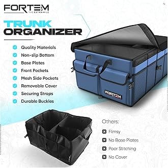 FORTEM Boot Organiser, Collapsible Multi-Compartment Storage, Car Accessories, Tidy With Non-Slip Bottom, Adjustable Securing Straps (Blue)