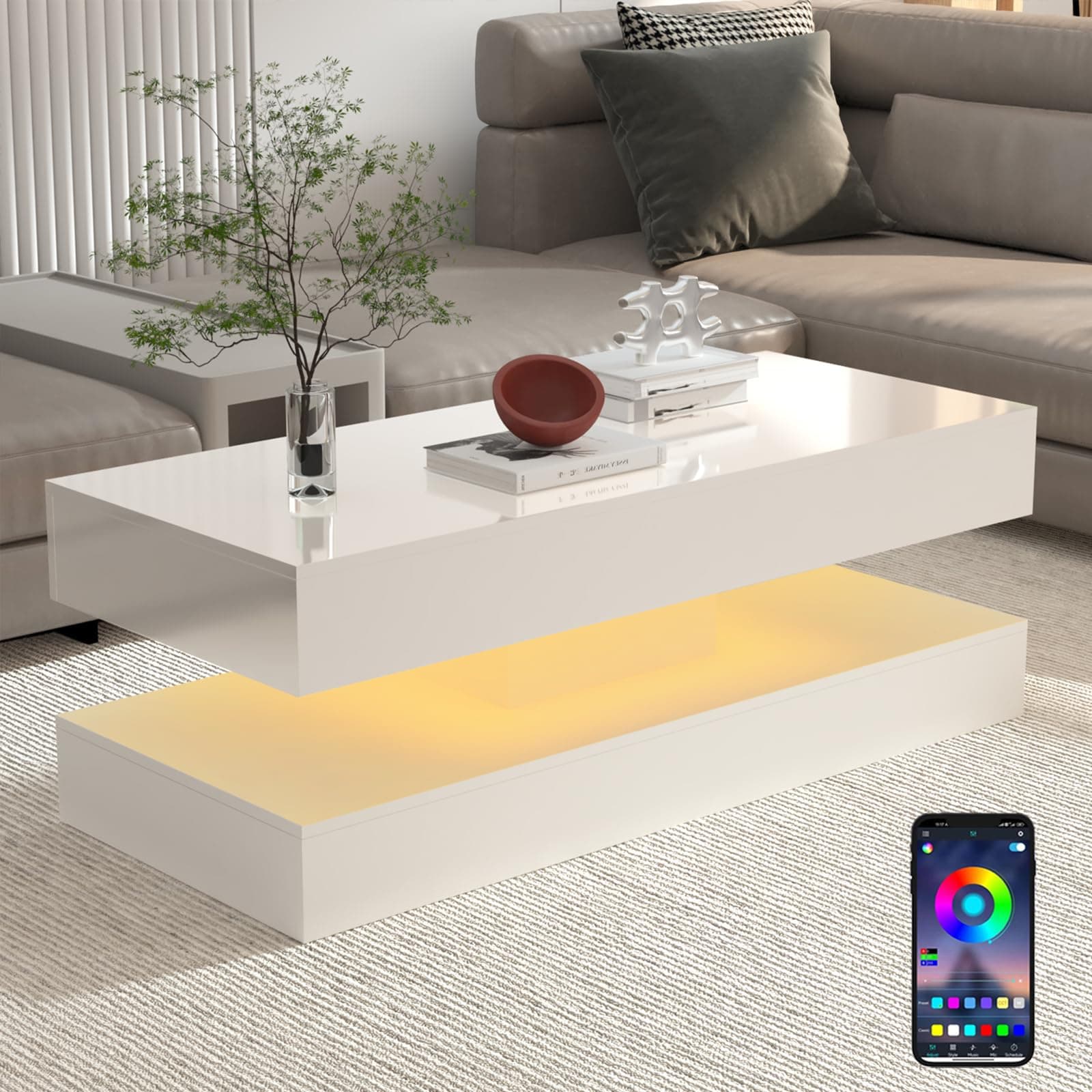 47.3in Large High Glossy LED Coffee Table with 2 Storage Drawers,Black/White Modern Coffee Tables for Living Room,Living Room Tables,APP LED Lights (White)