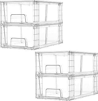 Vtopmart 4 Pack Stackable Storage Drawers,Clear Acrylic Drawer Organizers with Handles, Easily Assemble for Fridge, Bathroom,Kitchen Undersink,Cabinet,Pantry Organization and Storage