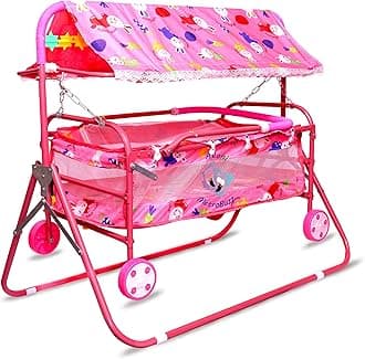 Avani MetroBuzz Baby Cradle Mosquito Net Jhula Palna Stroller Infant & Toddler Beds Born Baby 1-2 Years Babies-Newborn Baby Cotton Baby Sleep Baby Bedding Cradle with Wheels (Pink)