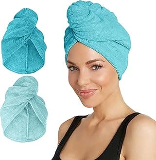 Turbie Twist Microfiber Hair Towel Wrap for Women and Men | 2 Pack | Bathroom Essential Accessories | Quick Dry Hair Turban for Drying Curly, Long & Thick Hair (Dark Aqua, Light Aqua)