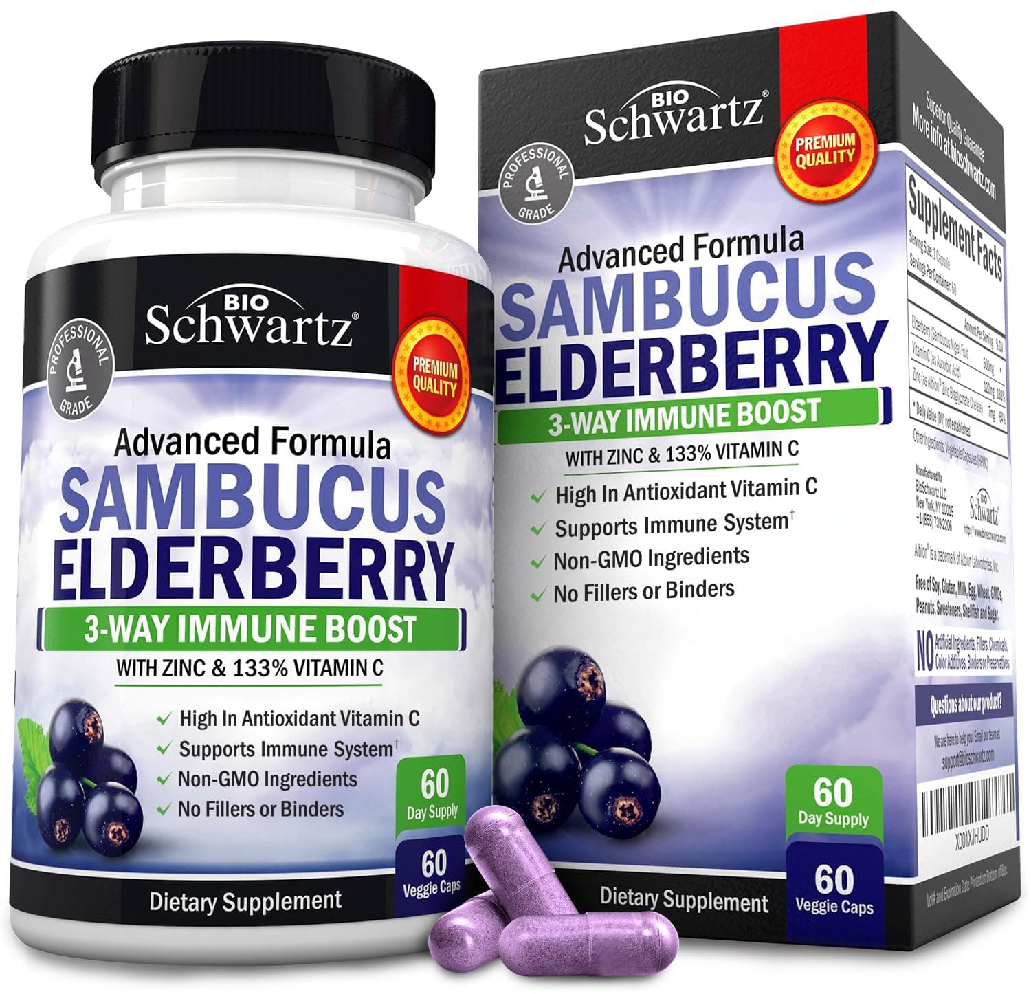 BioSchwartz Sambucus Elderberry with Zinc and Vitamin C Daily Herbal Supplement with Natural Elderberries for Women and Men (60 Capsules)