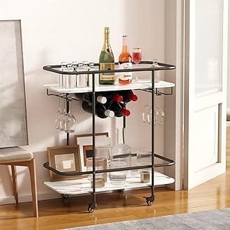 2 Tier Mobile Drinks Trolley Bar Serving Cart on Wheels with Wine Rack and Glass Holder Modern Rolling Drinks Storage Trolley for Home Kitchen Party (Black)