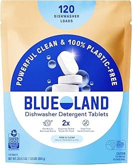 - BLUELAND 100% Plastic-Free Dishwasher Detergent Tablets, 120 Count, Free & Clear, Eco-Friendly Dishwashing Pods, Natural, USDA Certified biobased