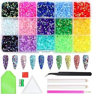 9000pcs Flatback Rhinestones, ZYNERY 15 Mixed Color Flat Back Gems Round Shape Crystals Rhinestones for Crafts Nail Face Art Shoes Diamond Painting with Storage Box/Tweezers/Drill Pen (4mm)