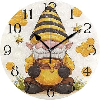 Gnome Honey Bee Honeycomb Wall Clock Silent Non Ticking Kitchen Clock 9.5 Inch Round Bathroom Clock Battery Operated Quartz Analog Decorative Desk Clock Living Room Decor
