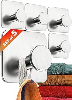 Towel Holder, No Drilling Set of 5, Modern Design Towel Hooks, Sticky for Hanging in Bathroom Stainless Steel, Self-Adhesive Hooks with 3M Pads, Stick on Heavy Duty for Wall or Door