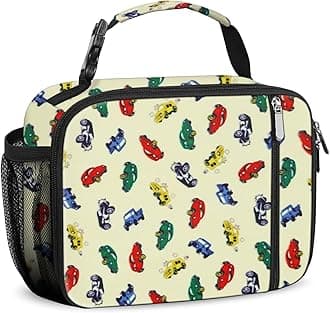 Lunch Box Kids Insulated Lunch Bag for Boys & Girls Durable Children Lunchbox for School with Water Bottle Holder-Car