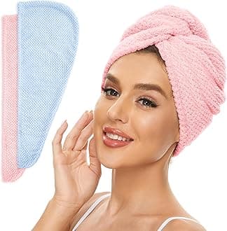 2 Pack Microfiber Hair Towel Wrap for Women, Anti Frizz Quick Drying Hair Turban for All Hair Style, Absorbent and Lightweight (Blue+Pink)