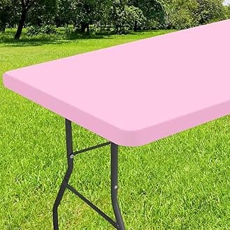 Smiry Rectangle Tablecloth, Elastic Fitted Flannel Backed Vinyl Tablecloths for 4ft Folding Tables, Waterproof Wipeable Table Covers for Indoor, Outdoor, Picnic and Camping (Pink, 24"x48")