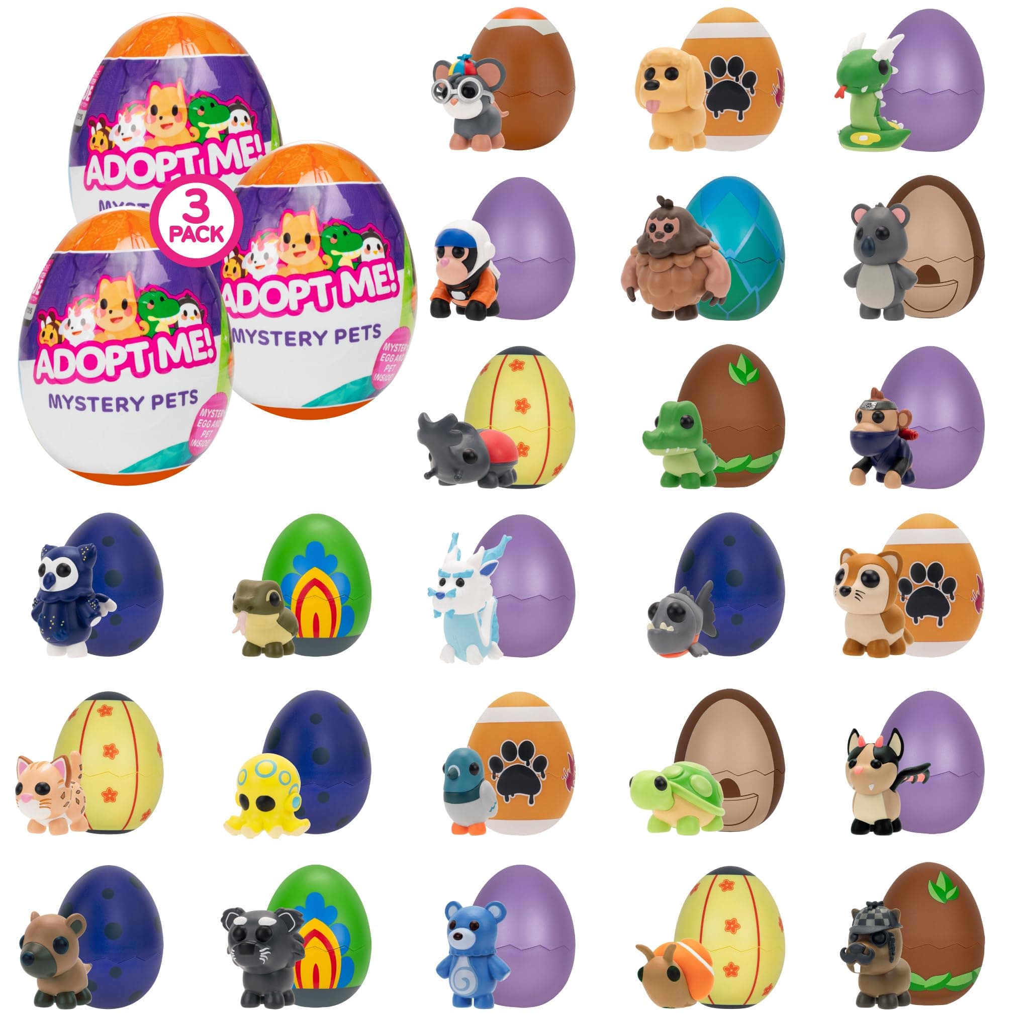 Adopt Me! Mystery Pets Blind Box Egg Assorted 3-Pack - Series 4 - Exclusive Virtual Item Game Code - Collectible Mini Animal Toy Figure, Styles May Vary - Gift for Kids, Girls & Boys - 6+