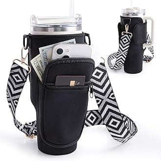 Viva Terry Water Bottle Carrier Bag with Strap and Phone Pocket Modern 40oz 30oz Tumbler Carrier with Strap Fit for Stanley Cup with Handle