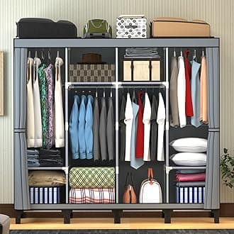 LOEFME Canvas Wardrobe, Four-column Portable Wardrobes for Bedroom, 165 * 45 * 175 cm New Base Design Fabric Wardrobe, 16mm Steel Tube Storage Space (Grey-3)