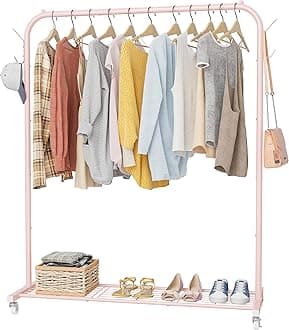 HOMIDEC Clothes Rail, Portable Clothes Rack with Hook and Metal Storage Shelf, Heavy Duty Clothes Rail on Wheels, Clothes Rails for Bedroom, Hanging Rails for Clothes, Holds up to 40 kg, Pink