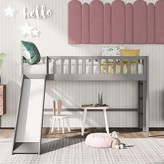 Twin Size Loft Bed for Kids,Low Loft Bed with Slide and Ladder,Wood Loft Bed Twin for Girls Boys,Grey