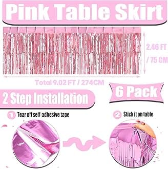 6 Pack 29x108 Inch Metallic Foil Fringe Tinsel Table Skirts Banner for Rectangle Tables Streamer Garland Curtains Backdrop for Wedding, Birthday, Parade Floats, Halloween Party Decoration(Pink)