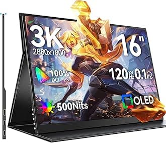 OLED Portable Monitor 16", 3K 2880x1800 | 120Hz | 1ms Portable Gaming Monitor, 500 Nits |100% DCI-P3 | 10-Bit | 100000:1 Contrast | Ultra-Slim Design for Laptop Mini PC Phone Game Consoles