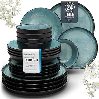 PURE LIVING INTERIOR DESIGN Ibiza Stoneware Crockery Set for 6 People, 24-Piece Mediterranean Test Very Good Stoneware Tableware Set, Bowl and Plate Set, Dinner Service for 6 People, in Petrol