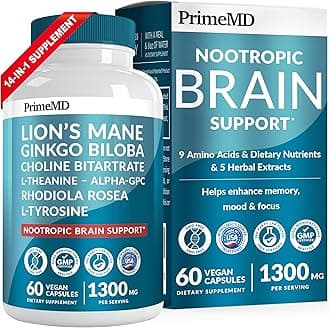 14-in-1 Lions Mane Supplement Capsules - Nootropic Brain Supplement with Ginkgo Biloba for Brain Support, Memory and Focus - Alpha GPC, L Theanine and Choline Supplements with 1300mg Per Serving