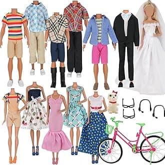 33Pcs Doll Clothes and Accessories for 12 Inch Boy and GirlDoll, Includes 20 Wear Clothes Shirt Jeans Suit and Wedding Dresses, Glasses Earphones Dog and Bike for 12'' Boydoll Girldoll