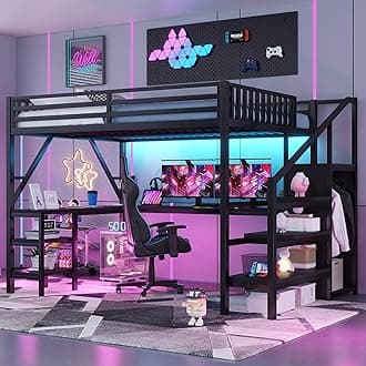 Queen Size Loft Bed with Desk and Stairs, Gaming Loft Beds with RGB LED Light and Storage Shelf, Heavy-duty Metal Loft Bed Frame with Wardrobe, Charging Station for Adults Kids Teens, Black