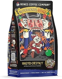 Bones Coffee Company Nutcracker's Revenge, Roasted Chestnut Flavored Coffee, Medium Roast Low Acid Arabica Beans Compatible with Auto drip and French Press Coffee Maker, 12 Oz Whole Bean