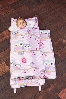 EVERYDAY KIDS Toddler Nap Mat with Removable Pillow - Sweet Owls - Carry Handle with Straps Closure, Rollup Design, Soft Microfiber for Preschool, Daycare, Travel Sleeping Bag - Ages 3-6 Years