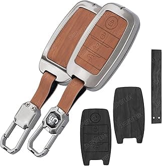 SHOPOFLUX Metal Key Cover Compatible with Kia Seltos | Sonet | Carens 4 Button Smart Key (Black Brown Leather)