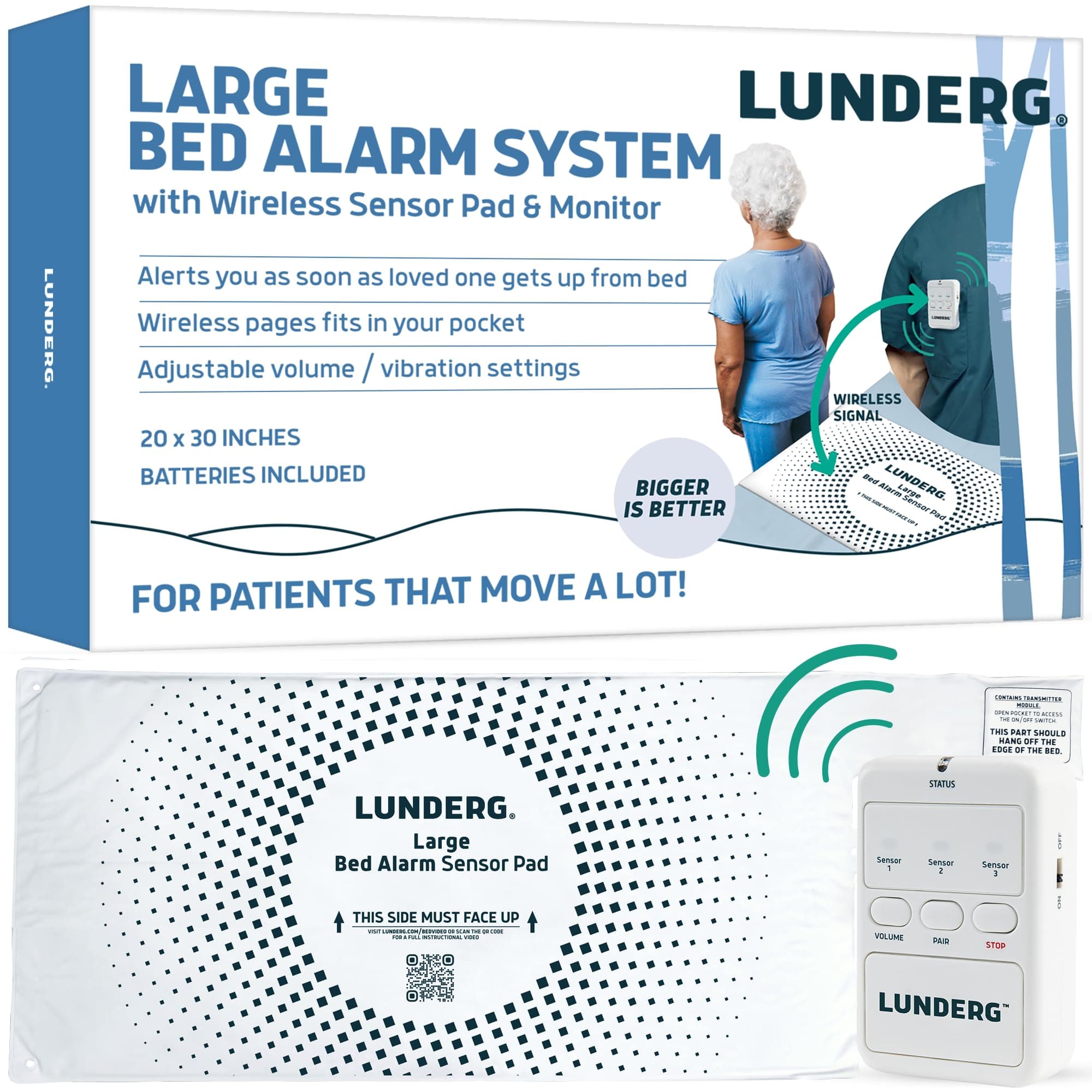 Large Bed Alarm for Elderly Adults - Wireless Sensor Pad (20” x 30”) & Pager - Safety Bed Alarms and Fall Prevention for Elderly and Dementia Patients - For Patients that move a lot