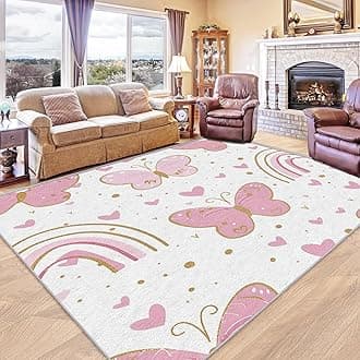 Kids Pink Butterfly Rug, Hearts Rugs for Living Room Bedroom, Rainbows Carpet, Pastel Home Decor, Washable Non Slip Low Pile Large Area Rugs, 160 x 230 cm